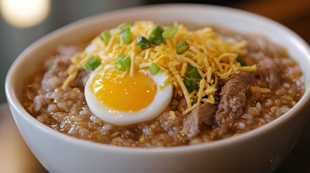 A warm and inviting bowl of savory rice congee featuring a soft-boiled egg, fresh green onions, and crispy fried shallots, perfect for a hearty meal.の素材