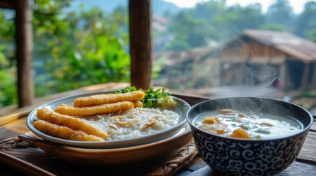 A tempting local dish featuring steaming soup and crispy fried sticks served on a rustic wooden table. Enjoy the vibrant flavors against a serene landscape.の素材