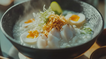 A steaming bowl of creamy rice porridge adorned with soft-boiled eggs and fresh herbs, perfect for a comforting breakfast or meal.の素材