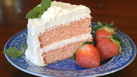 A beautifully plated slice of strawberry cake featuring soft layers, creamy frosting, and garnished with fresh strawberries and mint leaves. Perfect for gatherings!の素材