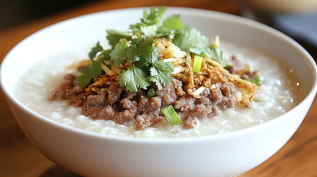 A delicious bowl of savory rice porridge topped with tender meat, fresh herbs, and crispy garnish, perfect for breakfast or comfort food anytime.の素材