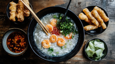 A delectable bowl of shrimp congee featuring fresh shrimp and green onion, paired with crispy spring rolls, dipping sauce, and crunchy cucumber salad.の素材