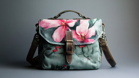 This elegant floral handbag features a vibrant design on soft fabric, complemented by a durable leather strap, perfect for any stylish outfit.の素材