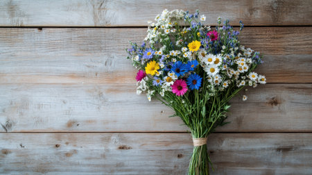 A stunning bouquet of vibrant wildflowers rests against a rustic wooden background, showcasing a variety of colors and textures, perfect for nature and floral enthusiasts.の素材