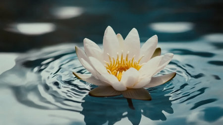 A stunning close-up of a white lotus flower floating on a tranquil water surface, surrounded by gentle ripples and soft reflections, creating a serene atmosphere.の素材