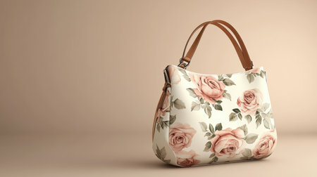 This elegant handbag features a beautiful rose pattern, perfect for fashion enthusiasts. The neutral background enhances its stylish design, showcasing modern elegance.の素材