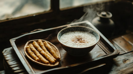 A warm and inviting breakfast scene featuring a bowl of porridge accompanied by crispy snacks served on a rustic wooden tray, exuding comfort and simplicity.の素材
