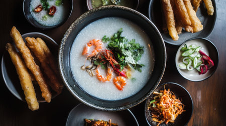 A beautifully styled bowl of traditional rice porridge topped with fresh seafood and herbs, accompanied by crispy fried snacks and colorful side dishes.の素材