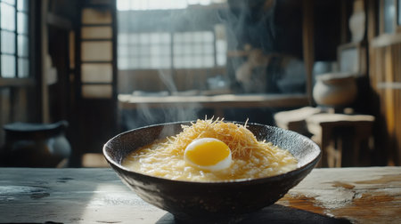 A steaming bowl of ramen garnished with a soft egg yolk brings warmth and comfort in a rustic Japanese kitchen setting, ideal for food lovers.の素材