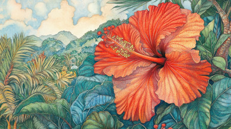 A stunning orange hibiscus flower stands prominently amidst a rich green tropical landscape, framed by a serene blue sky and distant mountains.の素材