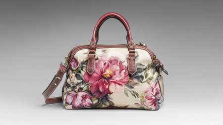 A beautiful floral handbag featuring pink roses on a cream background, perfect for stylish outings and everyday practicality. An elegant accessory choice.の素材