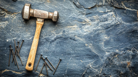 A rustic metal hammer with a wooden handle rests on a textured stone surface, surrounded by nails, ideal for construction and DIY projects.の素材