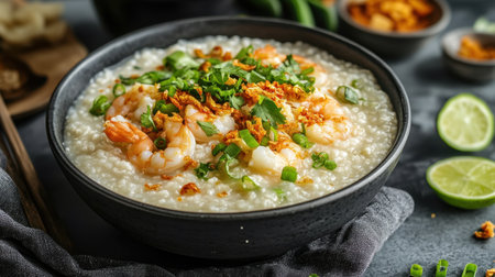 A beautifully arranged bowl of creamy shrimp congee topped with fresh herbs, crunchy garlic, and savory green onions, perfect for any meal.の素材