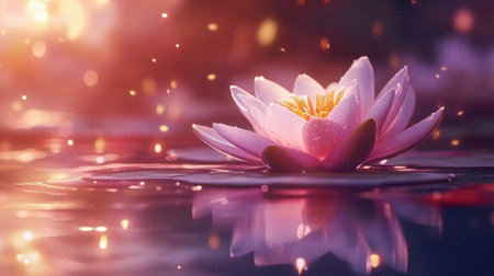 A tranquil scene featuring a blooming pink water lily illuminated by soft light. The serene pond reflects the beauty of nature, creating a calming atmosphere.の素材