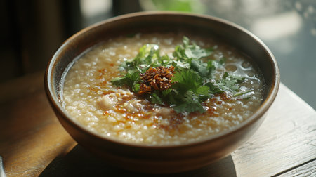 Enjoy a bowl of warm rice porridge, artfully garnished with fresh herbs and spices, perfect for a nourishing breakfast or comforting meal.の素材
