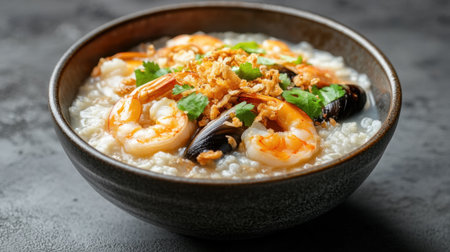 A beautifully arranged bowl of seafood congee topped with fresh shrimp, crispy garlic, and herbs. Perfect for comfort and nourishment any time of day.の素材
