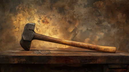 This artistic still life features a vintage hammer resting on a wooden table with rusty nails, showcasing the beauty of craftsmanship against a textured background.の素材