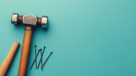 Discover a flat lay image featuring a hammer and nails against a blue background, perfect for themes of crafting, DIY projects, and home improvement.の素材