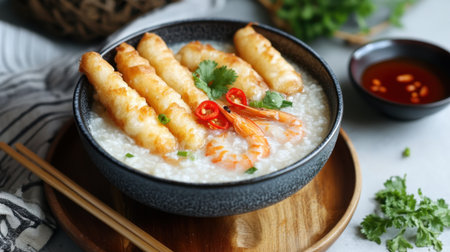 A vibrant bowl of warm rice porridge topped with crispy fried shrimp and fresh chili, perfect for a nutritious meal or cozy dining experience.の素材