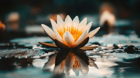 A stunning close-up of a water lily flower showcasing its delicate petals and vivid colors, reflecting beautifully on the calm water surface around it.の素材