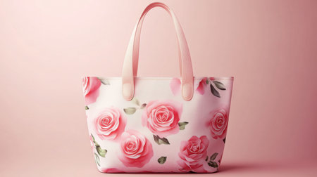 A stunning pink floral tote bag featuring elegant rose designs, perfect for fashion lovers and practical for everyday use, showcased on a soft pink backdrop.の素材