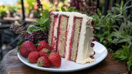 A delectable layered cake featuring rich cream frosting, fresh strawberries, and vibrant mint leaves, beautifully presented on a rustic wooden plate.の素材