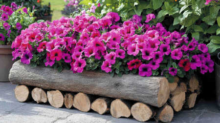 A stunning display of vibrant pink petunias flourishing in a rustic log planter, creating a charming garden scene filled with color. Perfect for garden lovers.の素材