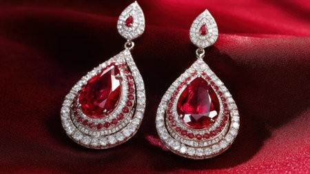 Discover the exquisite beauty of these ruby and diamond earrings, showcased on rich red fabric. Perfect for formal occasions or gifting, they embody luxury and elegance.の素材