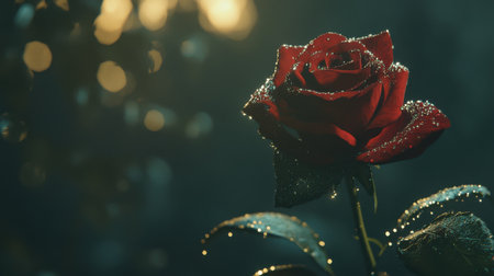 A stunning red rose adorned with dew drops stands elegantly against a dark background, illuminated by soft ambient light, capturing beauty and tranquility.の素材