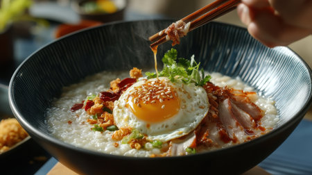 A tempting bowl of rice porridge topped with a perfectly cooked egg, fresh herbs, and crispy toppings, showcasing the art of simple yet flavorful cuisine.の素材