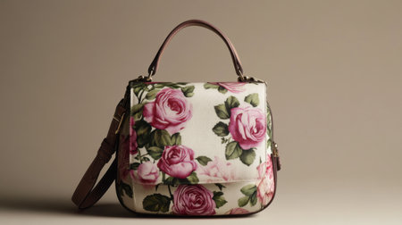 This elegant handbag features a beautiful floral design with pink roses on a cream background. Perfect for fashion-forward individuals looking to enhance their style.の素材