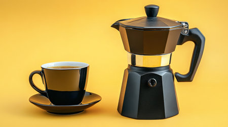 A sleek black coffee maker paired with a stylish cup on a vibrant yellow background, capturing the essence of modern culinary art and lifestyle.の素材