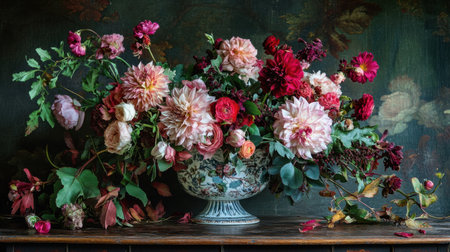 A stunning floral arrangement featuring vibrant red and pink blooms in a vintage vase. The composition showcases lush petals against a dark background, perfect for decor.の素材
