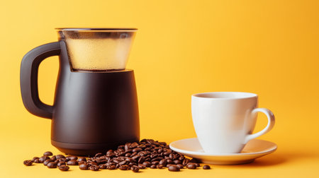 A sleek black coffee maker brews aromatic coffee, paired with a white cup and saucer, surrounded by roasted coffee beans on a vivid yellow backdrop.の素材