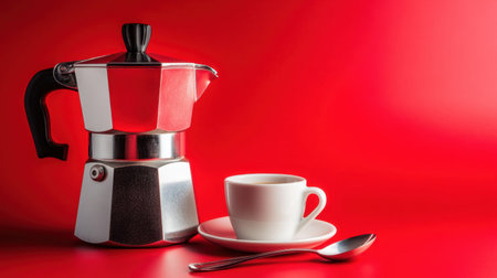A stunning composition featuring a classic Italian coffee maker next to a white cup and spoon on a vibrant red background, perfect for morning inspiration and coffee lovers.の素材