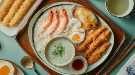 A beautifully arranged Asian seafood platter featuring fresh shrimp, fish, a soft egg, and crispy fried items, set on a wooden tray.の素材