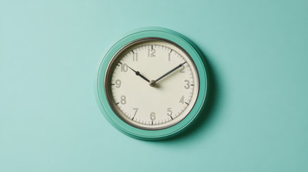 A charming vintage wall clock with a turquoise frame set against a soft blue background. This minimalist design emphasizes the beauty of timekeeping in a serene environment.の素材