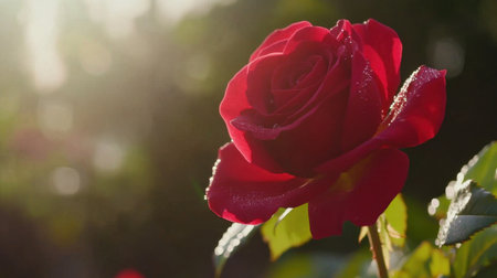 A stunning close-up image of a fresh red rose adorned with morning dew, illuminated by gentle sunlight, showcasing nature's beauty and serenity.の素材