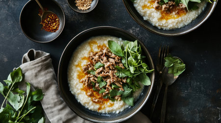 This inviting image showcases a bowl of creamy porridge elegantly topped with seasoned meat, fresh herbs, and spices, perfect for any meal.の素材