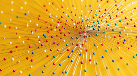 A captivating close-up image of colorful pins arranged in a dynamic pattern on a bright yellow surface, ideal for inspiration in crafting and sewing projects.の素材
