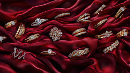 A stunning arrangement of luxurious gold and diamond rings displayed on rich red satin fabric, perfect for capturing attention in jewelry marketing and fashion.の素材