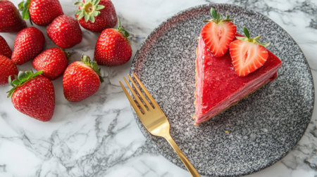 A beautifully presented slice of strawberry cake graces a marble countertop, accompanied by fresh strawberries and an elegant fork, embodying a delightful dessert experience.の素材