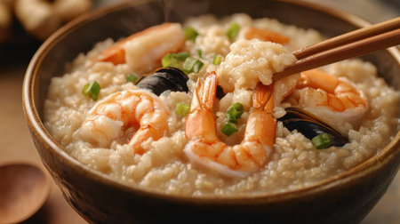 A steaming bowl of shrimp congee showcases fresh seafood topped with vibrant green onions, making it a perfect comfort dish for any meal.の素材