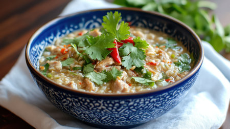 This delightful bowl of rice porridge features tender chicken and vibrant toppings of fresh herbs and chili, perfect for a comforting meal.の素材