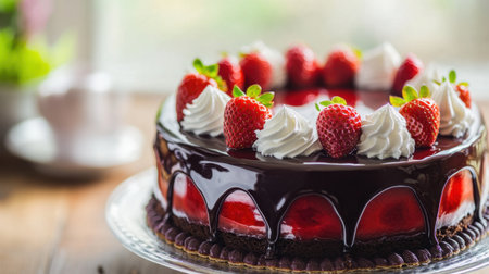 A beautifully crafted chocolate cake adorned with fresh strawberries and fluffy whipped cream, perfect for any celebration or special occasion.の素材