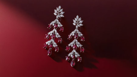 Stunning pair of elegant earrings featuring luxurious rubies and sparkling diamonds set against a rich dark red background, perfect for special occasions.の素材