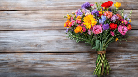 This stunning floral bouquet showcases a variety of colorful flowers arranged beautifully, set against a rustic wooden background. Perfect for adding a touch of nature's beauty.の素材