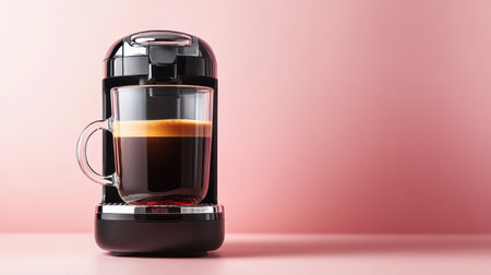 A sleek modern coffee maker with a glass mug filled with rich coffee stands against a soft pink background, ideal for enhancing kitchen aesthetic.の素材