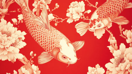 This artwork features elegant koi fish swimming gracefully among delicate flowers on a striking red background, perfect for art or design projects.の素材