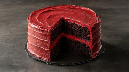 A stunning red velvet cake featuring rich cream frosting, elegantly displayed on a dark background, perfect for celebrating any occasion or delightful indulgence.の素材